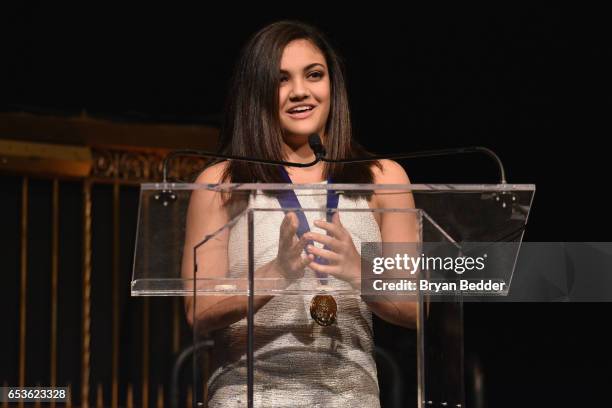 Olympic Gymnast Laurie Hernandez accepts 2017 Jefferson Award for Outstanding Service by an Individual 25 and Under onstage during the Jefferson...