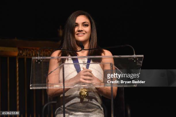 Olympic Gymnast Laurie Hernandez accepts 2017 Jefferson Award for Outstanding Service by an Individual 25 and Under onstage during the Jefferson...