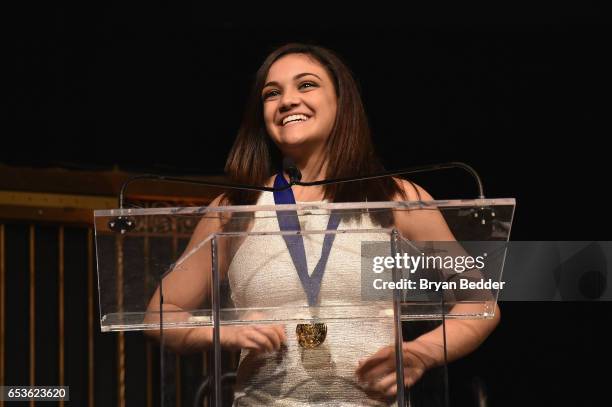 Olympic Gymnast Laurie Hernandez accepts 2017 Jefferson Award for Outstanding Service by an Individual 25 and Under onstage during the Jefferson...