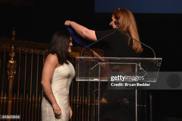 Olympic Gymnast Laurie Hernandez is awarded the 2017 Jefferson Award for Outstanding Service by an Individual 25 and Under onstage by Kathleen...