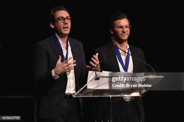 Neil Blumenthal and Dave Gilboa Co-CEO/Co-Founders of Warby Parker accept the 2017 Jefferson Award for Outstanding Service by a Company during the...