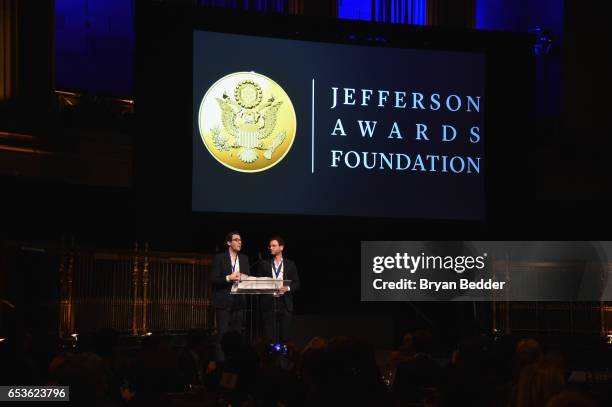 Neil Blumenthal and Dave Gilboa Co-CEO/Co-Founders of Warby Parker accept the 2017 Jefferson Award for Outstanding Service by a Company during the...