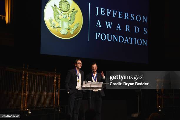 Neil Blumenthal and Dave Gilboa Co-CEO/Co-Founders of Warby Parker accept the 2017 Jefferson Award for Outstanding Service by a Company during the...