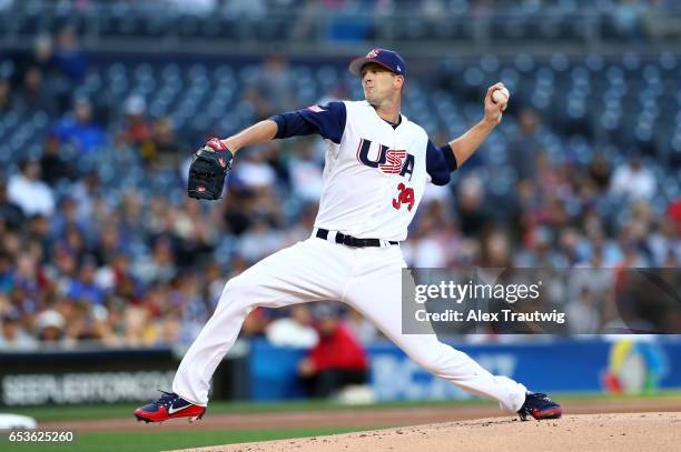 Drew Smyly of Team USA pitches during Game 2 of Pool F of the 2017 World Baseball Classic against Team Venezuela on Wednesday, March 15, 2017 at...