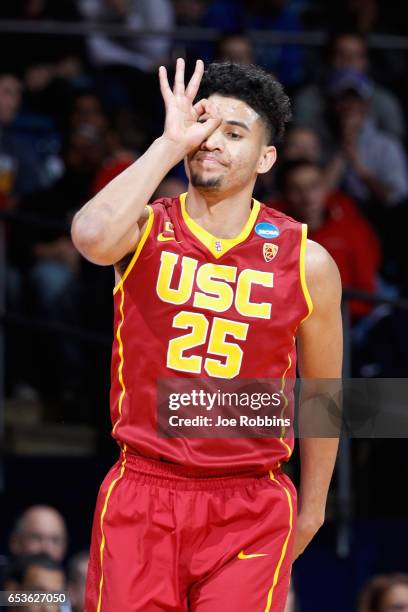 Bennie Boatwright of the USC Trojans reacts in the first half against the Providence Friars during the First Four game in the 2017 NCAA Men's...