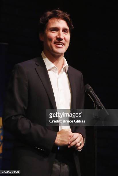 Canadian Prime Minister Justin Trudeau makes a welcoming introduction before the hit musical "Come from Away" on Broadway at The Schoenfeld Theatre...