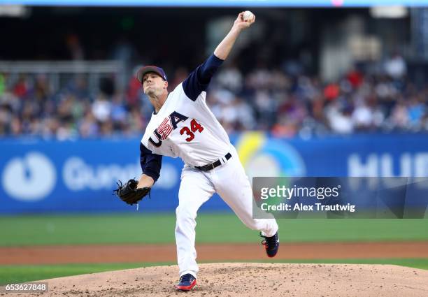 Drew Smyly of Team USA pitches during Game 2 of Pool F of the 2017 World Baseball Classic against Team Venezuela on Wednesday, March 15, 2017 at...