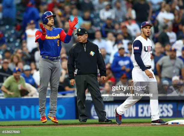 Carlos Gonzalez of Team Venezuela reacts as he reaches third base in the top of the third inning of Game 2 of Pool F of the 2017 World Baseball...