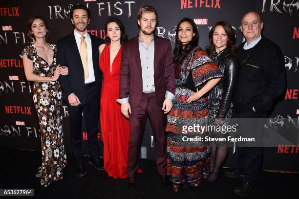 Jessica Stroup, Tom Pelphrey, Jessica Henwick, Finn Jones, Rosario Dawson, Allie Goss, and Jeph Loeb arrive at the New York screening of Marvel's...