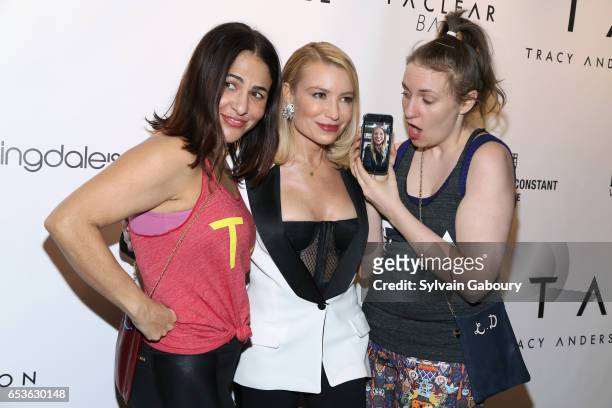 Jenni Konner, Tracy Anderson and Lena Dunham attend Tracy Anderson Flagship Studio Opening at Tracy Anderson Flagship Studio on March 15, 2017 in New...