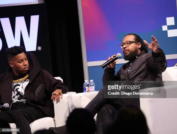 Musician Christian Scott aTunde Adjuah and record producer Om'Mas Keith speak onstage at 'The Jazz of the Music Biz' during 2017 SXSW Conference and...
