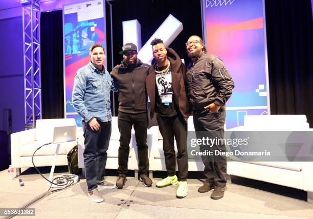 Jarret Myer of UPROXX, Talib Kweli of Javotti Media, musician Christian Scott aTunde Adjuah, and record producer Om'Mas Keith speak onstage at 'The...