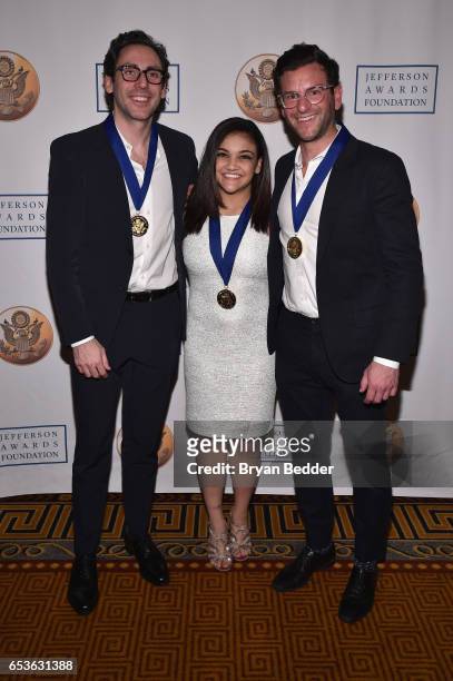 Dave Gilboa, and Neil Blumenthal of Warby Parker and US Olympic gymnast Laurie Hernandez during the Jefferson Awards Foundation 2017 NYC National...