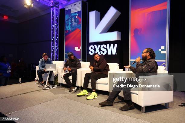 Jarret Myer of UPROXX, Talib Kweli of Javotti Media, musician Christian Scott aTunde Adjuah, and record producer Om'Mas Keith speak onstage at 'The...