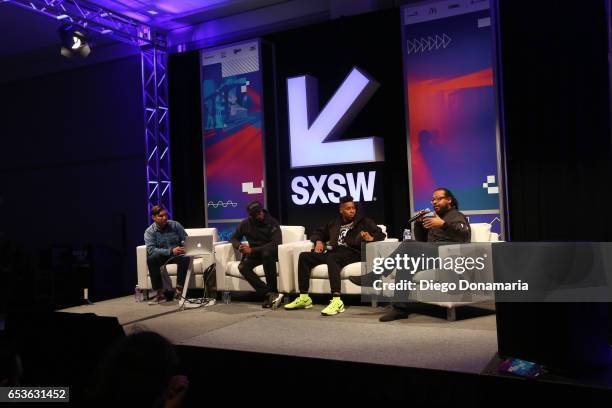 Jarret Myer of UPROXX, Talib Kweli of Javotti Media, musician Christian Scott aTunde Adjuah, and record producer Om'Mas Keith speak onstage at 'The...