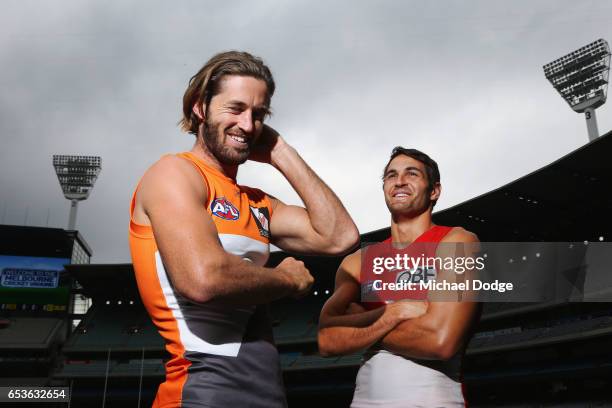 Callan Ward of GWS Giants and Josh Kennedy of the Sydney Swans pose speaks to the media during AFL Captains Day at Melbourne Cricket Ground on March...