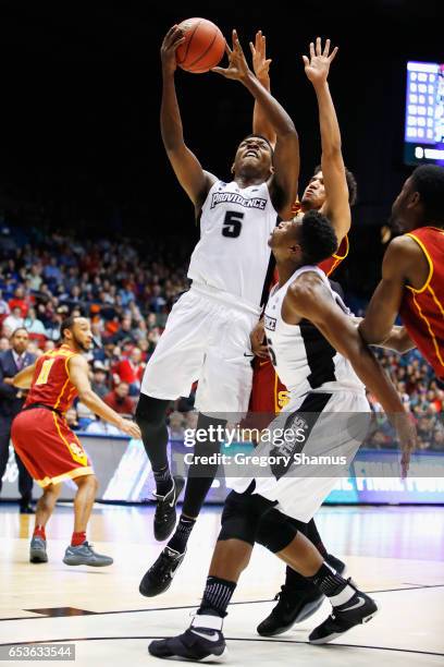 Rodney Bullock of the Providence Friars drives to the basket in the second half against the USC Trojans during the First Four game in the 2017 NCAA...