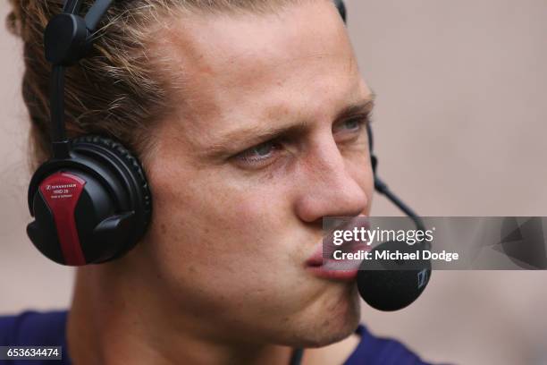 Nat Fyfe of the Fremantle Dockers speaks to media during the AFL Captains Day at Melbourne Cricket Ground on March 16, 2017 in Melbourne, Australia.