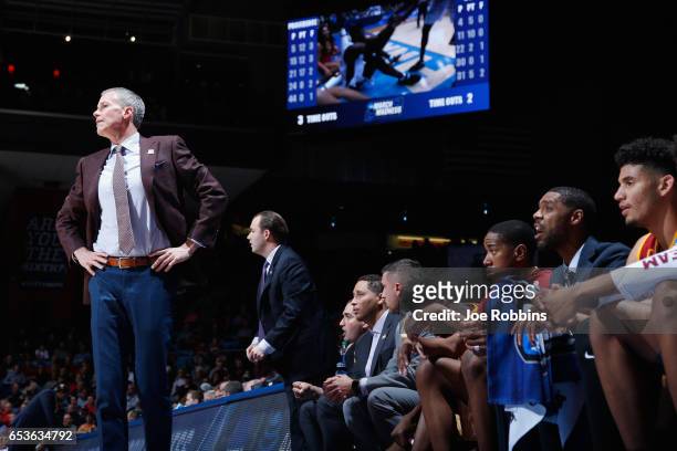 Head coach Andy Enfield of the USC Trojans looks on in the second half against the Providence Friars during the First Four game in the 2017 NCAA...