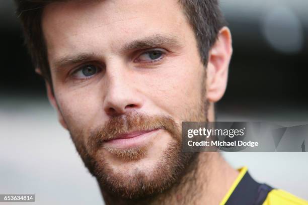 Trent Cotchin of the Tigers speaks to the media during AFL Captains Day at Melbourne Cricket Ground on March 16, 2017 in Melbourne, Australia.