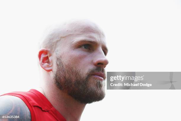 Nathan Jones of the Demons speaks to media during AFL Captains Day at Melbourne Cricket Ground on March 16, 2017 in Melbourne, Australia.