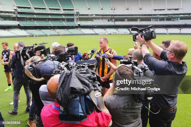 Jarryd Roughead of the Hawks speaks to the media during AFL Captains Day at Melbourne Cricket Ground on March 16, 2017 in Melbourne, Australia.