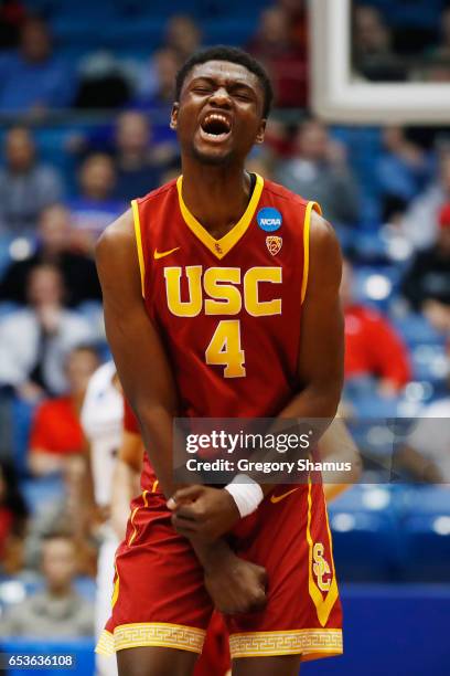 Chimezie Metu of the USC Trojans reacts in the second half against the Providence Friars during the First Four game in the 2017 NCAA Men's Basketball...