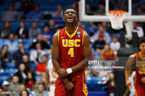 Chimezie Metu of the USC Trojans reacts in the second half against the Providence Friars during the First Four game in the 2017 NCAA Men's Basketball...