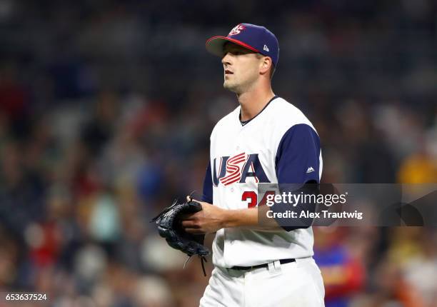 Drew Smyly of Team USA walks off the field in the top of the fifth inning of Game 2 of Pool F of the 2017 World Baseball Classic against Team...