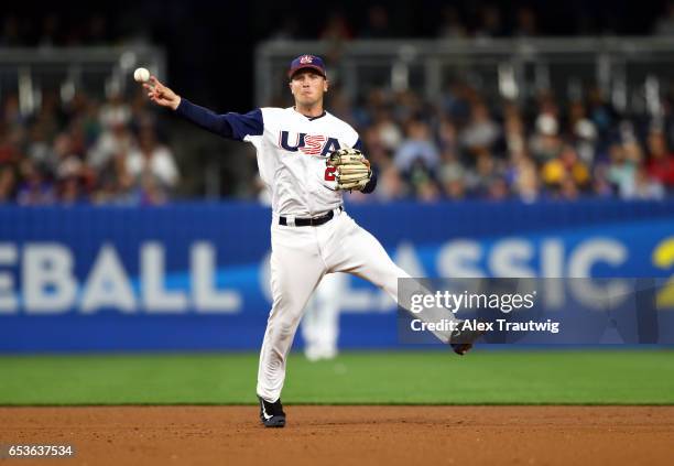 Alex Bregman of Team USA throws to first in Game 2 of Pool F of the 2017 World Baseball Classic against Team Venezuela on Wednesday, March 15, 2017...
