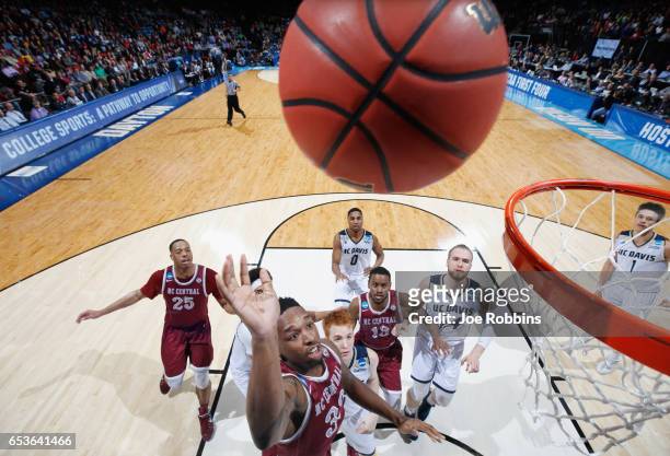 Ron Trapps of the North Carolina Central Eagles shoots the ball against the UC Davis Aggies during the First Four game in the 2017 NCAA Men's...