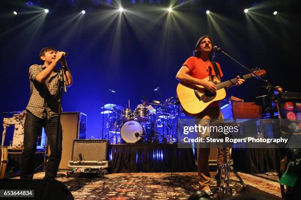 Musicians Scott Avett and Seth Avett of The Avett Brothers perform onstage at the Avett Brothers music showcase during 2017 SXSW Conference and...