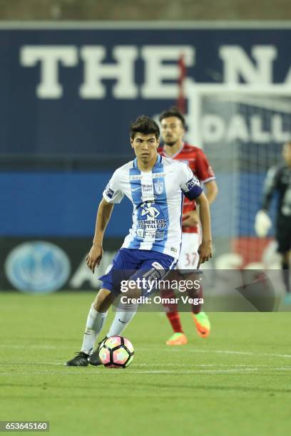 Erick Gutierrez of Pachuca, drives the ball during the semifinals first leg match between FC Dallas and Pachuca as part of the CONCACAF Champions...