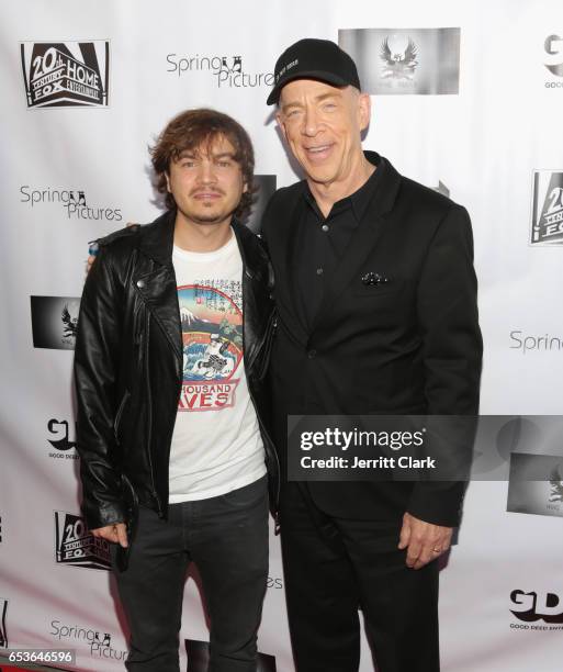 Actors Emile Hirsch and J.K. Simmons attend the Screening Of Good Deed Entertainment's "All Nighter" at Ahrya Fine Arts Theater on March 15, 2017 in...