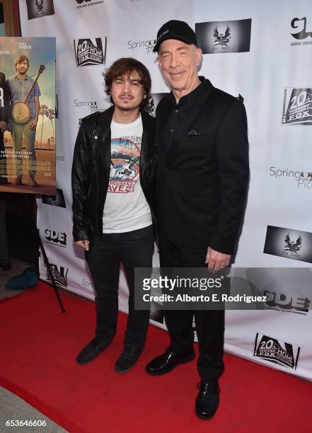 Actors Emile Hirsch and J.K. Simmons attend a screening of Good Deed Entertainment's "All Nighter" at Ahrya Fine Arts Theater on March 15, 2017 in...