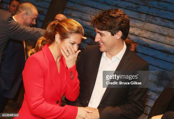 Sophie Gregoire Trudeau and husband Canadian Prime Minister Justin Trudeau pose backstage at the hit musical "Come from Away" on Broadway at The...