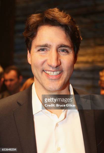 Canadian Prime Minister Justin Trudeau poses backstage at the hit musical "Come from Away" on Broadway at The Schoenfeld Theatre on March 15, 2017 in...