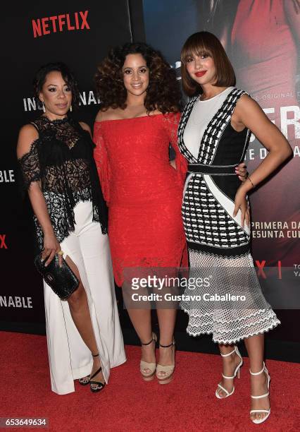 Selenis Leyva,Dascha Polanco and Jackie Cruz attends the Premiere Of Netflix's "Ingobernable" - Arrivals at Colony Theater on March 15, 2017 in Miami...