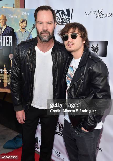 Actors BoJesse Christopher and Emile Hirsch attend a screening of Good Deed Entertainment's "All Nighter" at Ahrya Fine Arts Theater on March 15,...