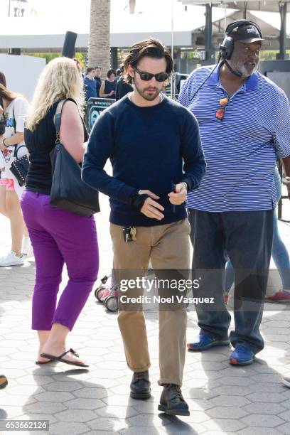 Milo Ventimiglia visits "Extra" at Universal Studios Hollywood on March 15, 2017 in Universal City, California.