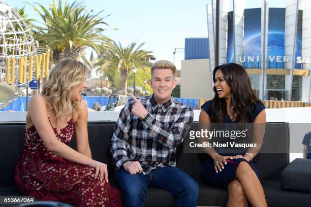 Charissa Thompson, Mark McGrath and Tracey Edmonds visit "Extra" at Universal Studios Hollywood on March 15, 2017 in Universal City, California.