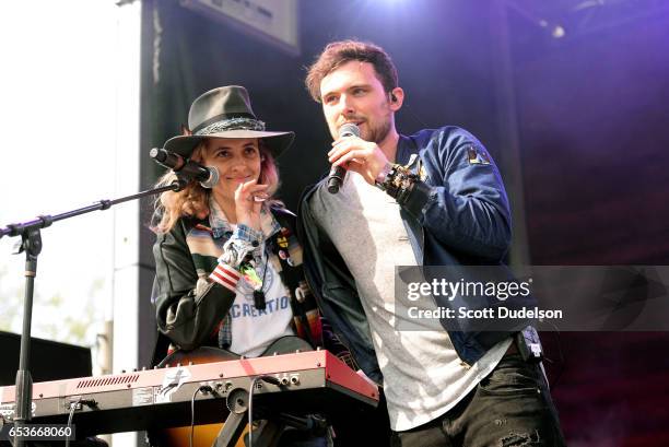 Musicians Samantha Ronson and Ethan Thompson of the band Ocean Park Standoff perform onstage during the Pandora SXSW event at The Gatsby on March 15,...