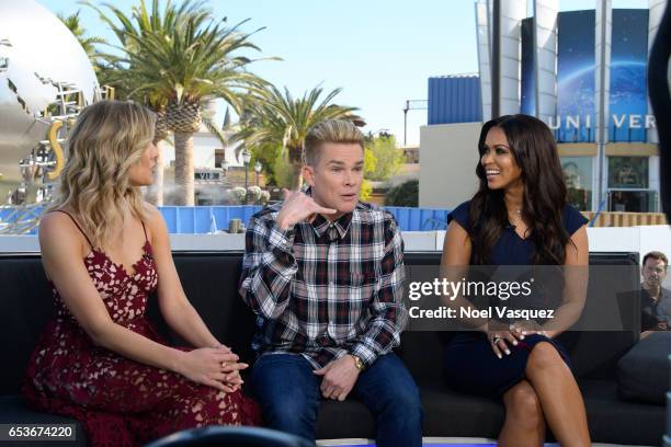 Charissa Thompson, Mark McGrath and Tracey Edmonds visit "Extra" at Universal Studios Hollywood on March 15, 2017 in Universal City, California.