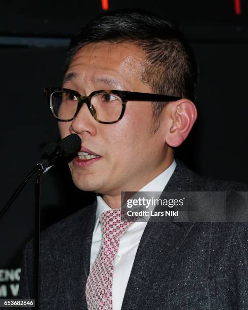 Director of Programming at FSLC, Dennis Lim addresses the audience during the New Directors/New Films 2017 Opening Night of PATTI CAKE$ presented by...