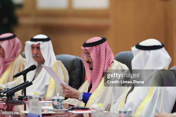 Saudi Arabia's King Salman bin Abdulaziz Al Saud during his meeting with Chinese President Xi Jinping at the Great Hall of the People on March 16,...