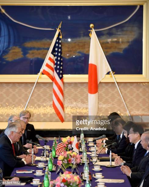 Secretary of State Rex Tillerson speaks with his Japanese counterpart Fumio Kishida during their joint press conference at the Iikura Guesthouse in...