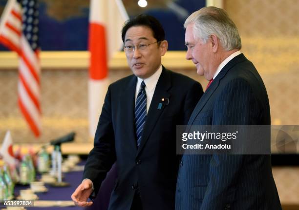 Secretary of State Rex Tillerson is welcomed by his Japanese counterpart Fumio Kishida ahead of their joint press conference at the Iikura Guesthouse...