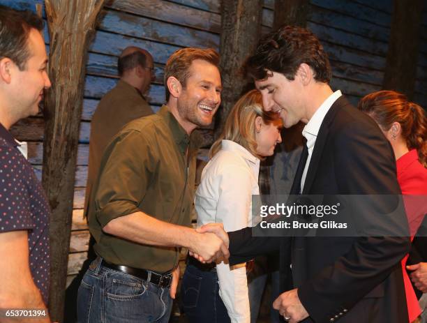Cast member Chad Kimball and Canadian Prime Minister Justin Trudeau backstage at the hit musical "Come from Away" on Broadway at The Schoenfeld...