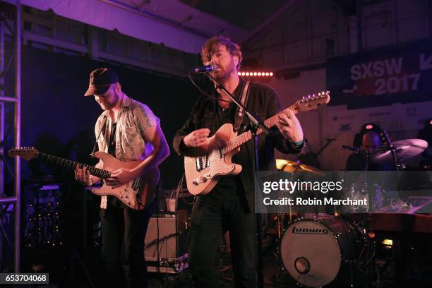 Alex Coleman, Cameron Neal, and Alberto Roubert perform on stage at the Bella Union 20th Anniversary Party at TuneIn Studios @ SXSW 2017 on...