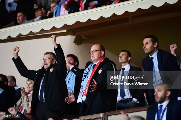 Prince Albert of Monaco and Monaco chairman Dmitriy Rybolovlev celebrate as their team wins the Uefa Champions League match between As Monaco and...